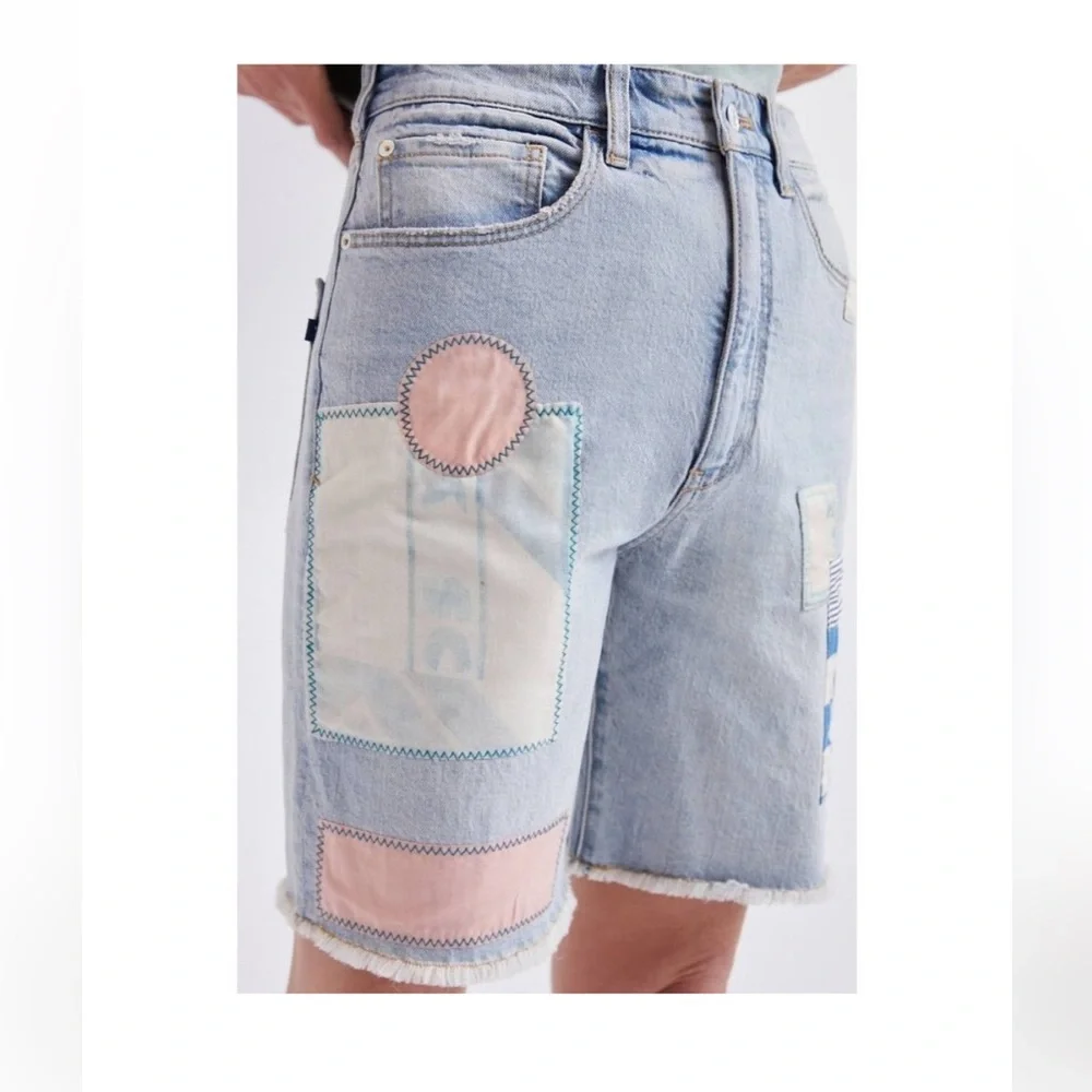 Anthropologie Pilcro Ultra HR Patchwork‎ Light Denim Bermuda Shorts 29 Retro